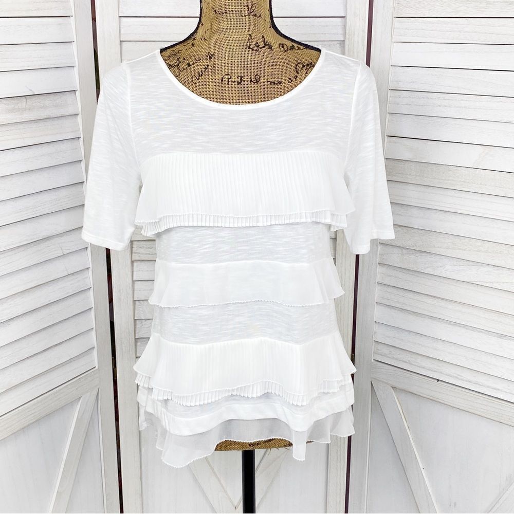 WHBM Tiered Chiffon Ruffles Slub Knit Shirt‎ White XS